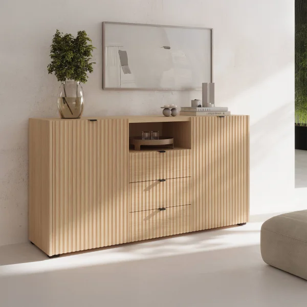 Madia moderna 150x80h cm cannettato 2 ante 3 cassetti rovere Sally