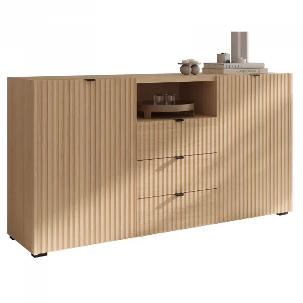 Madia moderna 150x80h cm cannettato 2 ante 3 cassetti rovere Sally