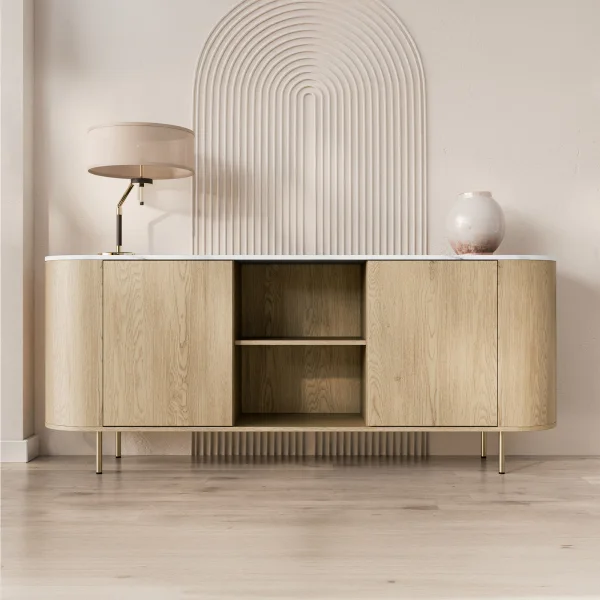 Madia moderna 184x75h cm 2 vani rovere effetto marmo bianco Roundi