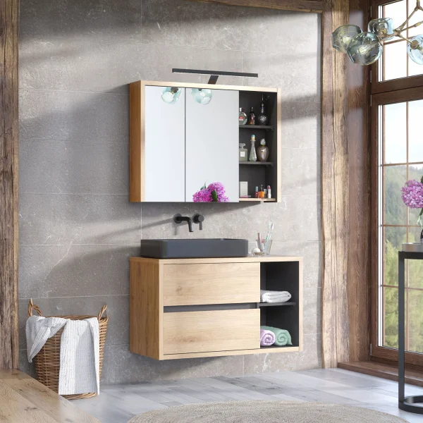 Mobile bagno sospeso 100cm 2 cassetti rovere antracite Veny