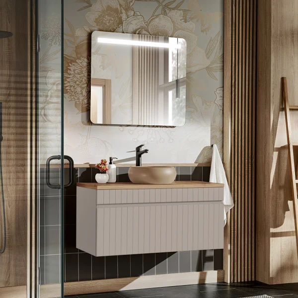 Mobile bagno sospeso 100cm cannettato 1 cassettone beige Autentic