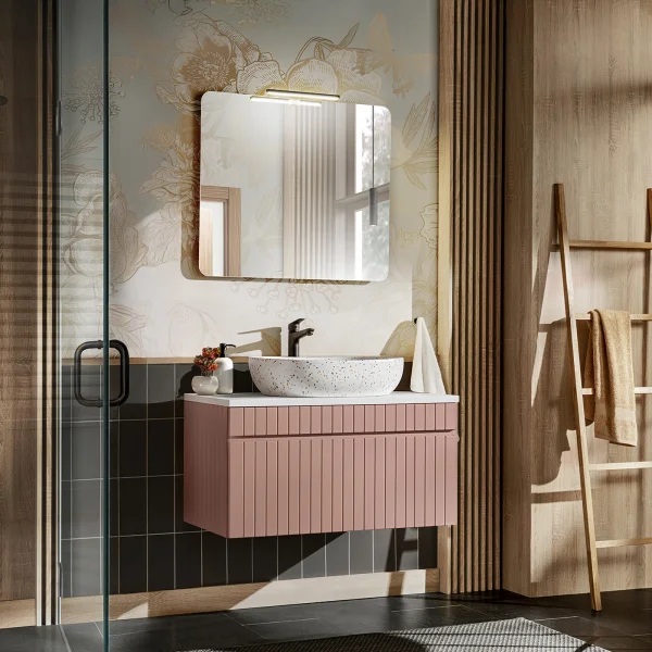 Mobile bagno sospeso 100cm cannettato 1 cassettone rosa Autentic