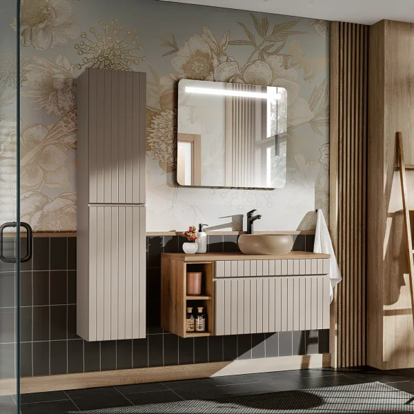 Mobile bagno sospeso 100cm cannettato con lavabo, colonna e specchio beige Autentic