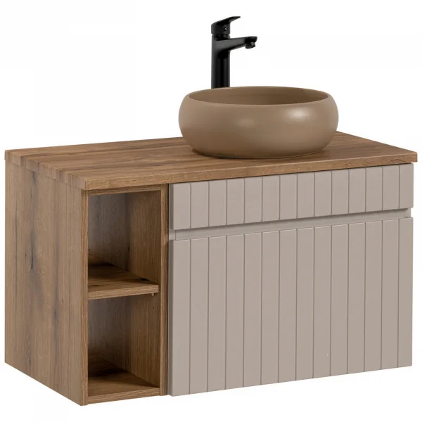 Mobile bagno sospeso 100cm cannettato con lavabo, colonna e specchio beige Autentic