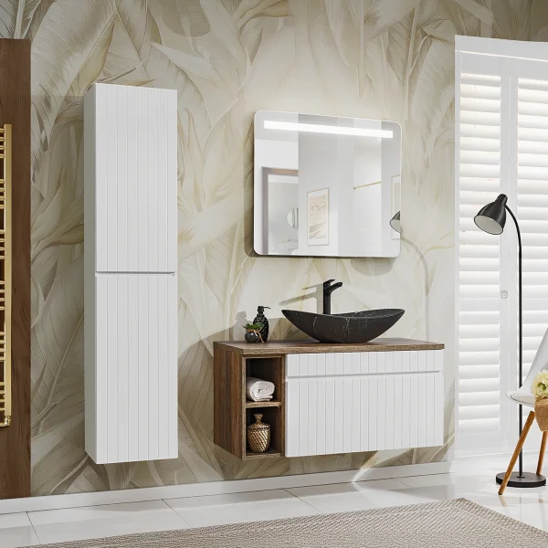 Mobile bagno sospeso 100cm cannettato con lavabo, colonna e specchio bianco quercia Autentic