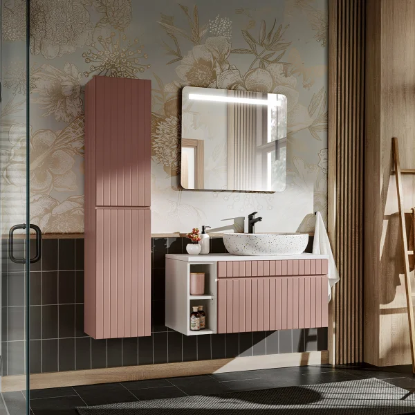 Mobile bagno sospeso 100cm cannettato con lavabo, colonna e specchio rosa Autentic