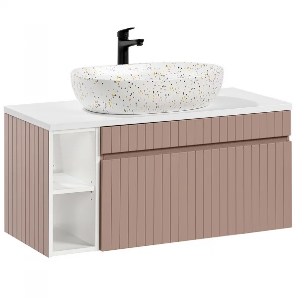 Mobile bagno sospeso 100cm cannettato con lavabo, colonna e specchio rosa Autentic