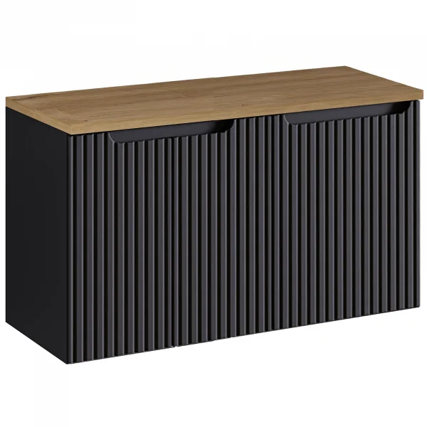 Mobile bagno sospeso 100cm cannettato con portabiancheria nero rovere Cleany