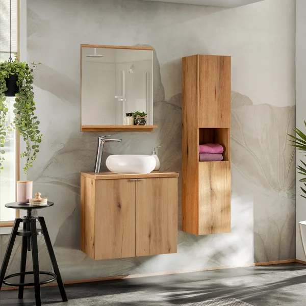 Mobile bagno sospeso 110cm con lavabo e colonna rovere Rovery