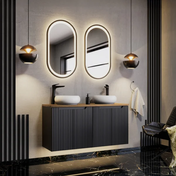 Mobile bagno sospeso 120cm cannettato 4 ante nero rovere Cleany