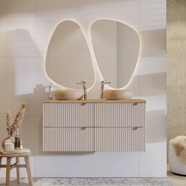 Mobile bagno sospeso 120cm cannettato 4 cassetti beige rovere Cleany