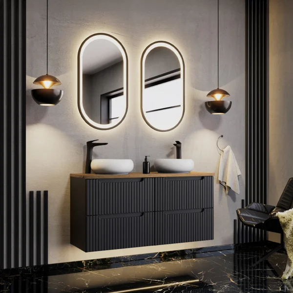 Mobile bagno sospeso 120cm cannettato 4 cassetti nero rovere Cleany