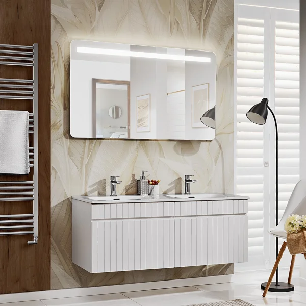 Mobile bagno sospeso 120cm cannettato con 2 lavabi 2 cassettoni bianco Autentic