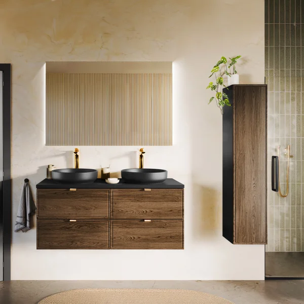 Mobile bagno sospeso 120cm con 2 lavabi, colonna e specchio noce Walnuts
