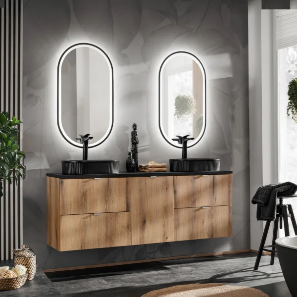 Mobile bagno sospeso 140cm 4 cassetti e portabiancheria rovere nero Rovery