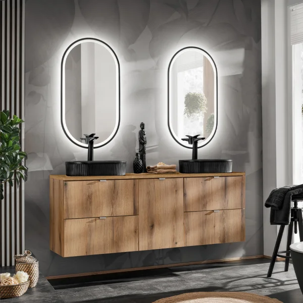 Mobile bagno sospeso 140cm 4 cassetti e portabiancheria rovere Rovery