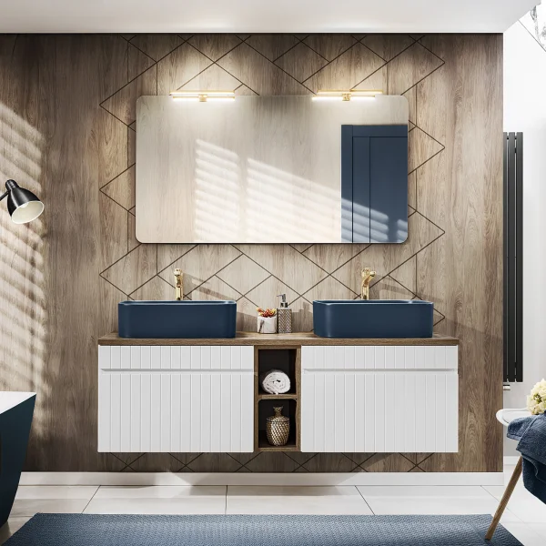 Mobile bagno sospeso 140cm cannettato 2 cassettoni bianco quercia Autentic