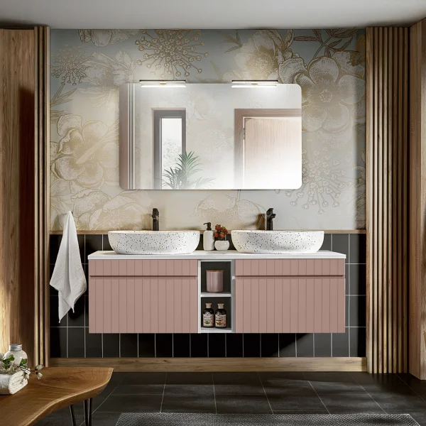 Mobile bagno sospeso 140cm cannettato 2 cassettoni rosa Autentic