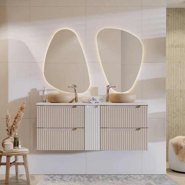 Mobile bagno sospeso 140cm cannettato 4 cassetti beige bianco Cleany