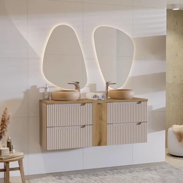 Mobile bagno sospeso 140cm cannettato 4 cassetti beige rovere Cleany