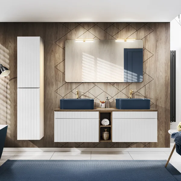 Mobile bagno sospeso 140cm cannettato con 2 lavabi, colonna e specchio bianco quercia Autentic