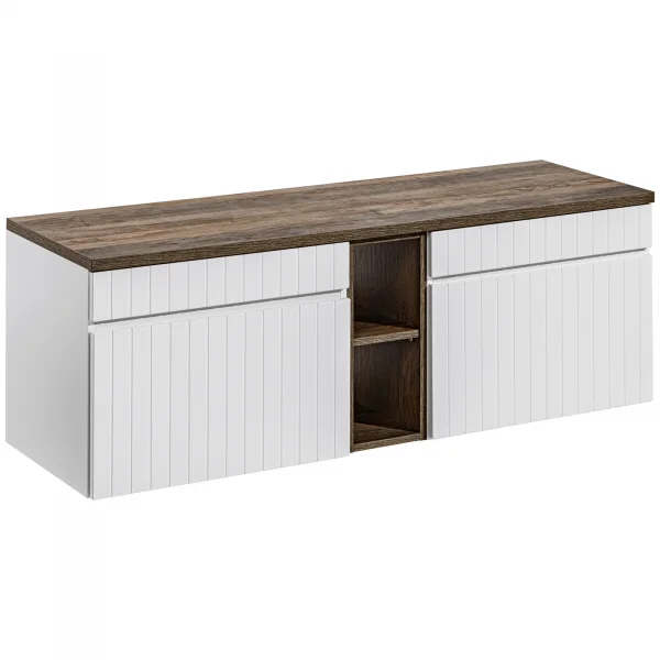 Mobile bagno sospeso 140cm cannettato con 2 lavabi, colonna e specchio bianco quercia Autentic