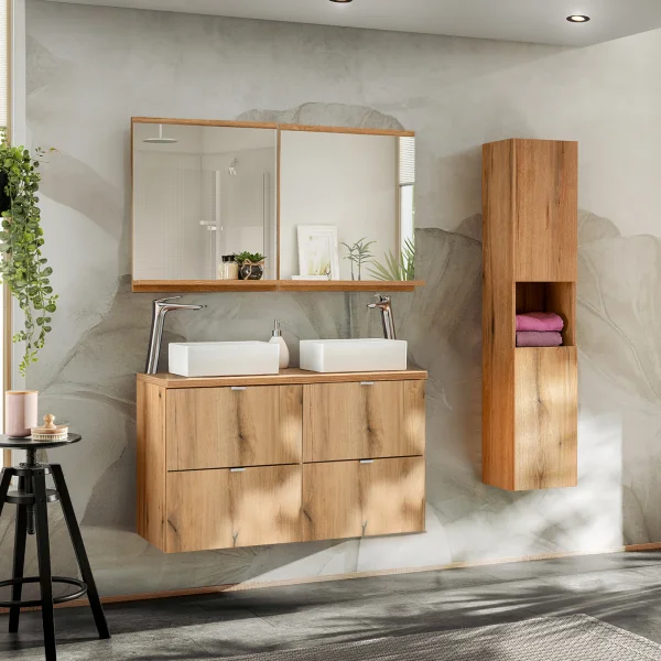 Mobile bagno sospeso 150cm con 2 lavabi e colonna rovere Rovery