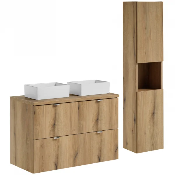 Mobile bagno sospeso 150cm con 2 lavabi e colonna rovere Rovery