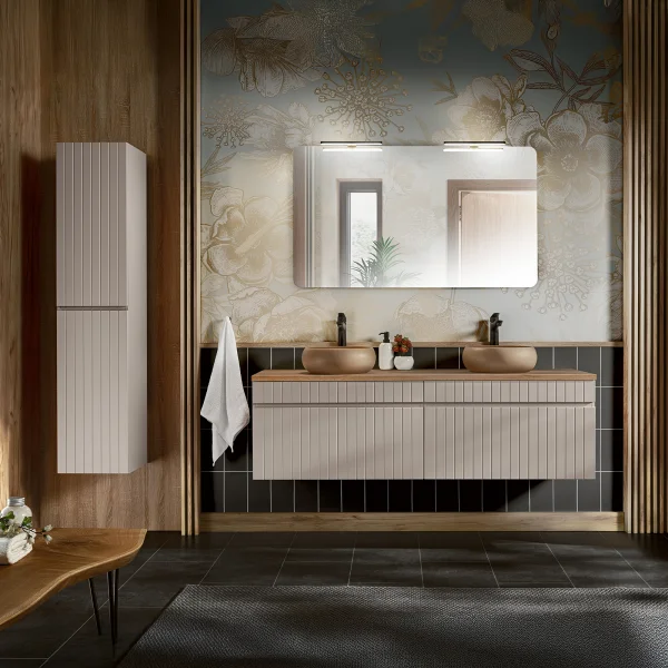 Mobile bagno sospeso 160cm cannettato con 2 lavabi, colonna e specchio beige Autentic