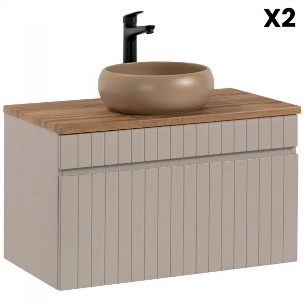 Mobile bagno sospeso 160cm cannettato con 2 lavabi, colonna e specchio beige Autentic