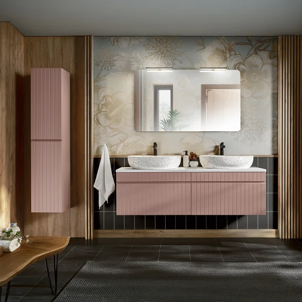 Mobile bagno sospeso 160cm cannettato con 2 lavabi, colonna e specchio rosa Autentic
