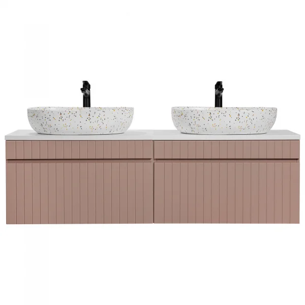 Mobile bagno sospeso 160cm cannettato con 2 lavabi, colonna e specchio rosa Autentic