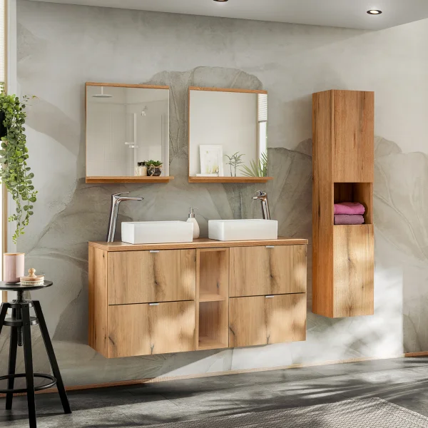 Mobile bagno sospeso 170cm con 2 lavabi, 4 cassetti e colonna rovere Rovery