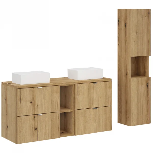 Mobile bagno sospeso 170cm con 2 lavabi, 4 cassetti e colonna rovere Rovery