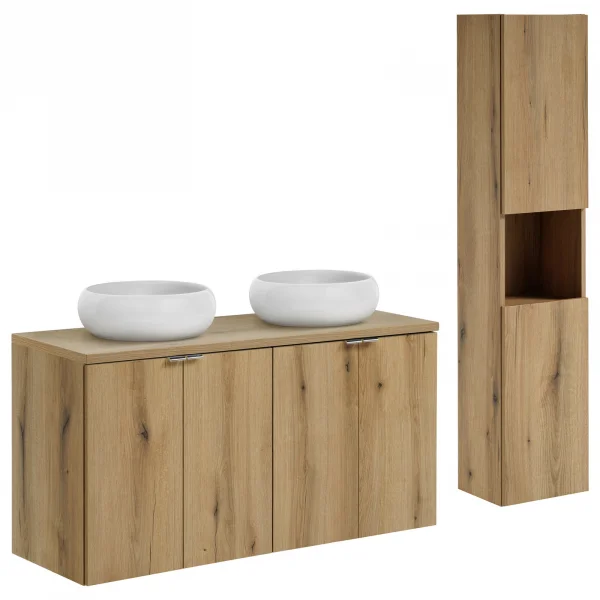 Mobile bagno sospeso 170cm con 2 lavabi e colonna rovere Rovery
