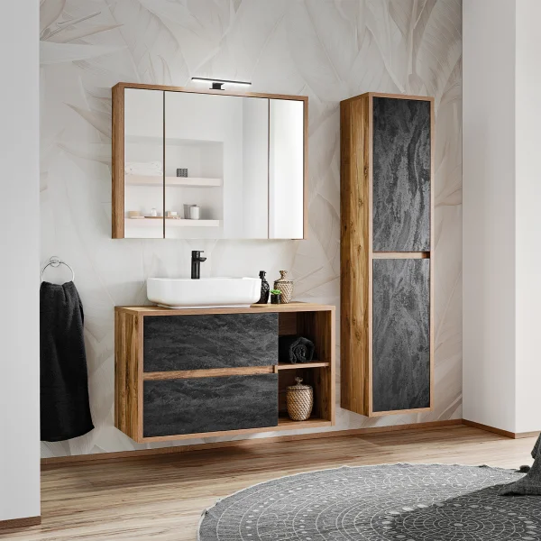 Mobile bagno sospeso 170cm con lavabo, mobile specchio e colonna rovere antracite Stony