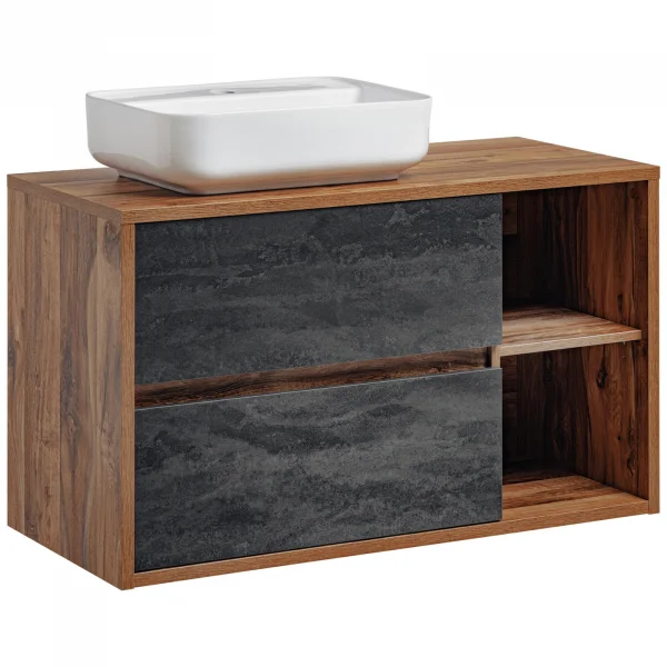 Mobile bagno sospeso 170cm con lavabo, mobile specchio e colonna rovere antracite Stony