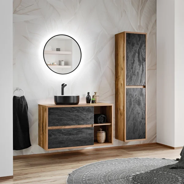 Mobile bagno sospeso 170cm con lavabo, specchio e colonna rovere antracite Stony