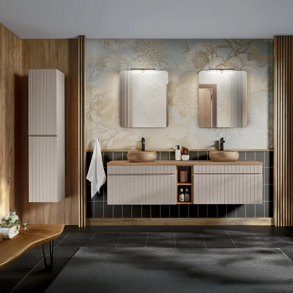 Mobile bagno sospeso 180cm cannettato con 2 lavabi, colonna e 2 specchi beige Autentic