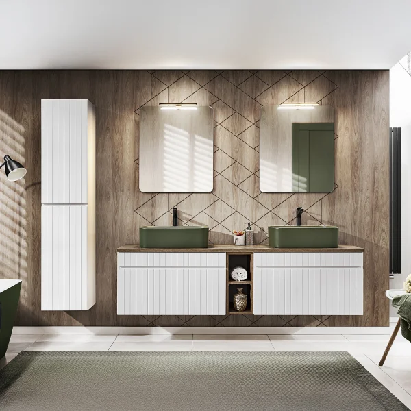 Mobile bagno sospeso 180cm cannettato con 2 lavabi, colonna e 2 specchi bianco quercia Autentic