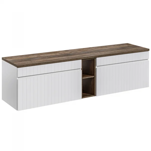 Mobile bagno sospeso 180cm cannettato con 2 lavabi, colonna e 2 specchi bianco quercia Autentic