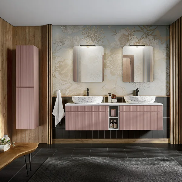 Mobile bagno sospeso 180cm cannettato con 2 lavabi, colonna e 2 specchi rosa Autentic