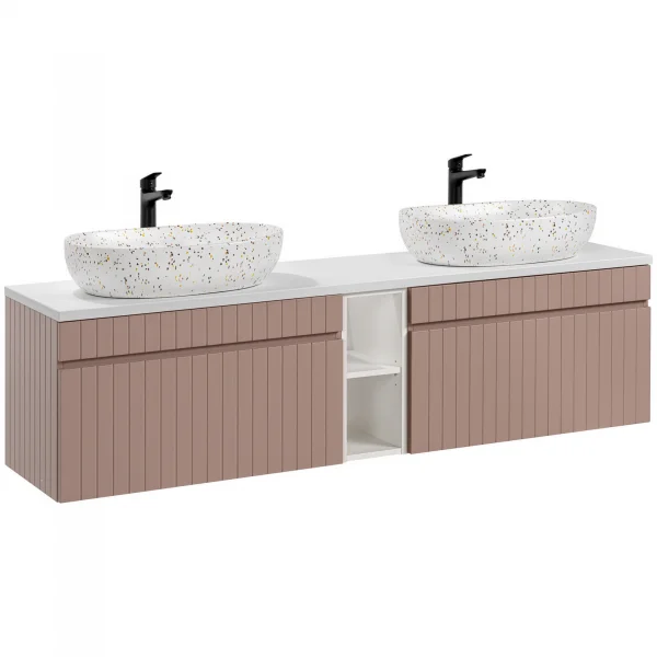 Mobile bagno sospeso 180cm cannettato con 2 lavabi, colonna e 2 specchi rosa Autentic