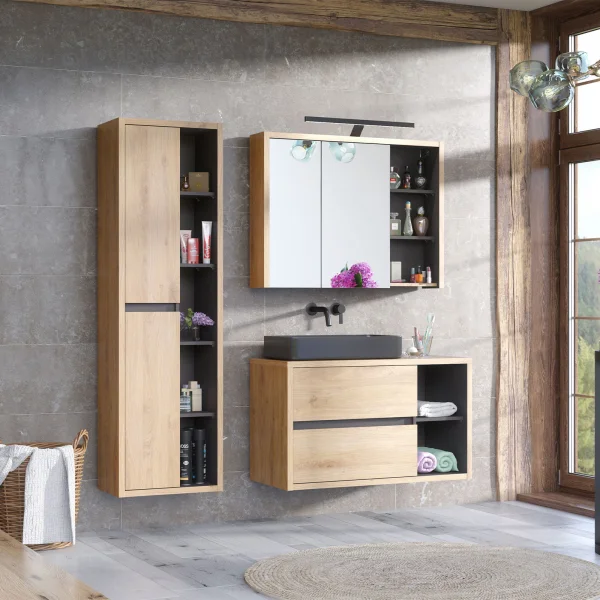 Mobile bagno sospeso 180cm con lavabo, mobile specchio e colonna rovere antracite Veny