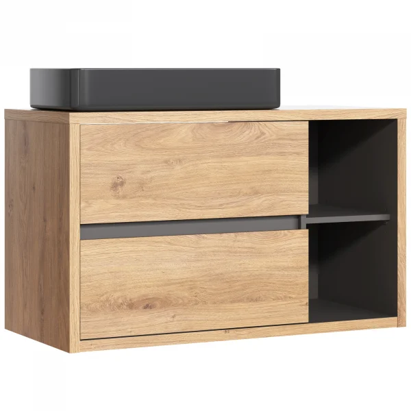 Mobile bagno sospeso 180cm con lavabo, mobile specchio e colonna rovere antracite Veny