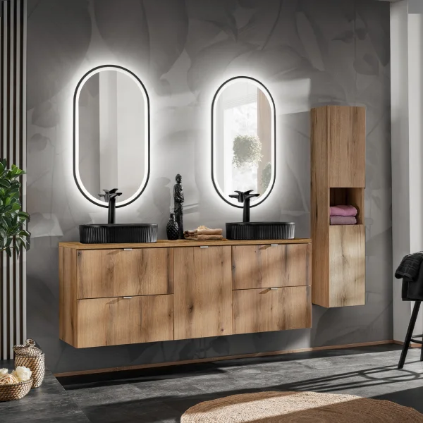 Mobile bagno sospeso 190cm con portabiancheria e colonna rovere Rovery
