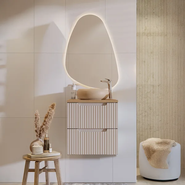 Mobile bagno sospeso 50cm cannettato 2 cassetti beige rovere Cleany