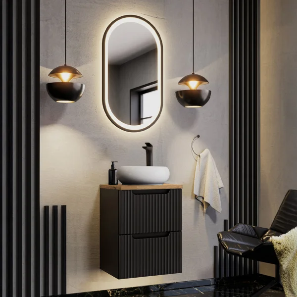 Mobile bagno sospeso 50cm cannettato 2 cassetti nero rovere Cleany