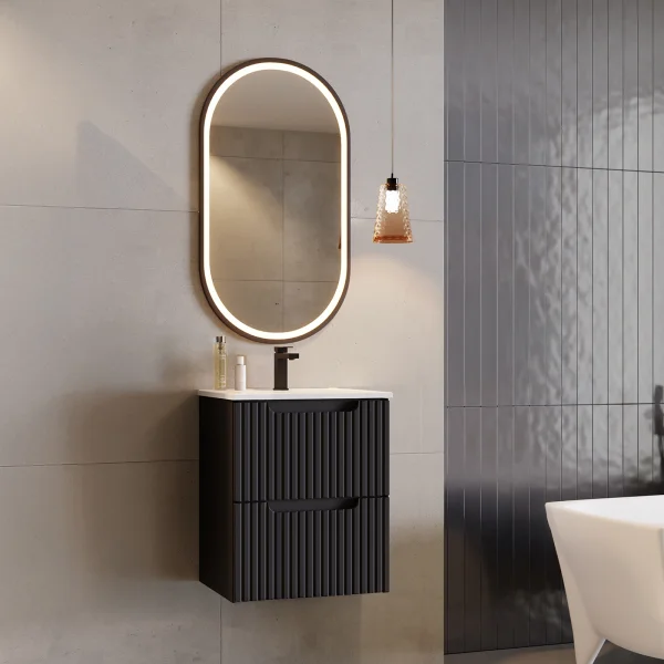 Mobile bagno sospeso 50cm cannettato con lavabo 2 cassetti nero Cleany