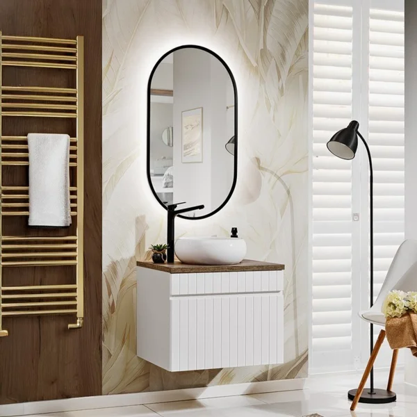 Mobile bagno sospeso 60cm cannettato 1 cassettone bianco quercia Autentic